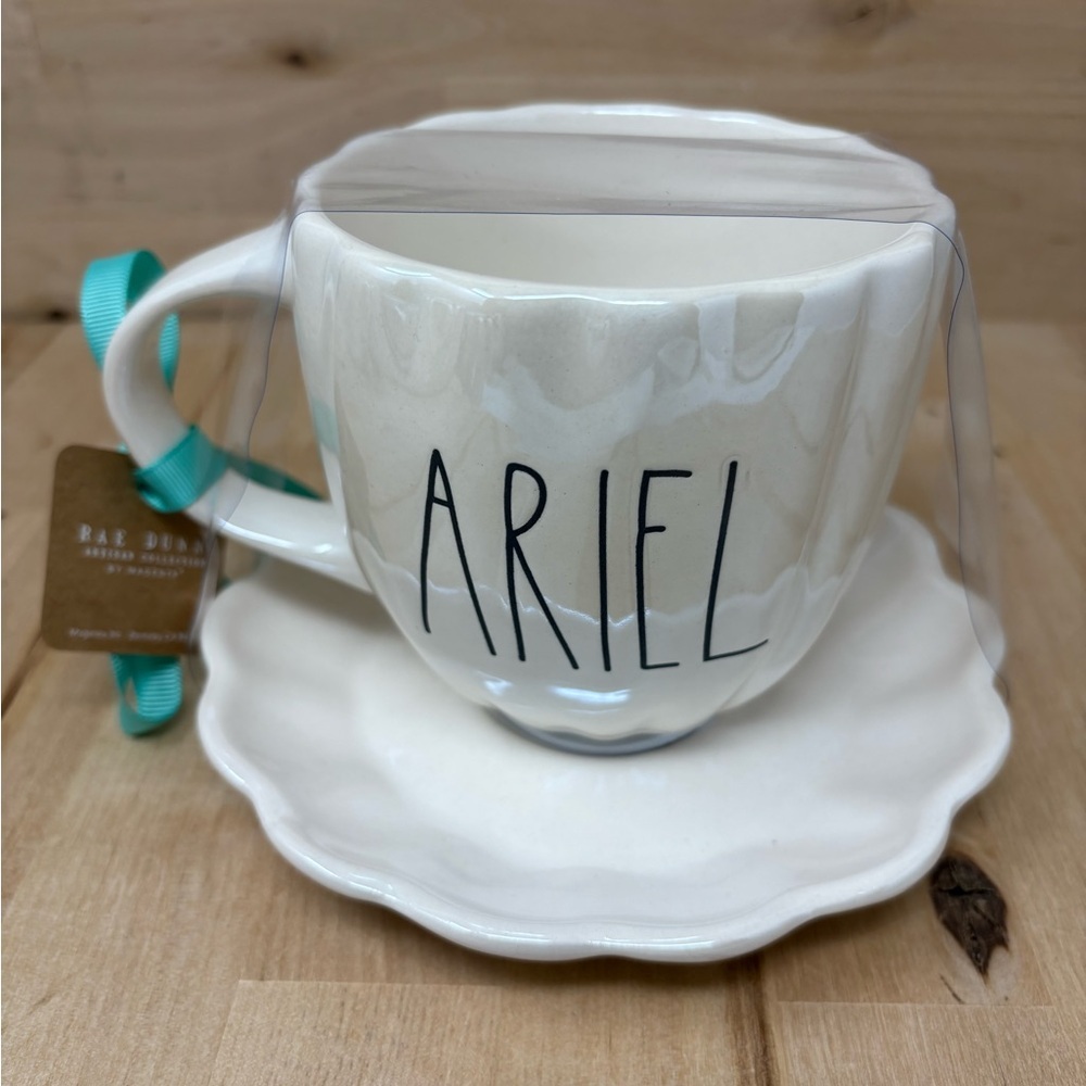 Rae Dunn ARIEL Mug Double Sided Iridescent White Scallop Rim and Saucer New